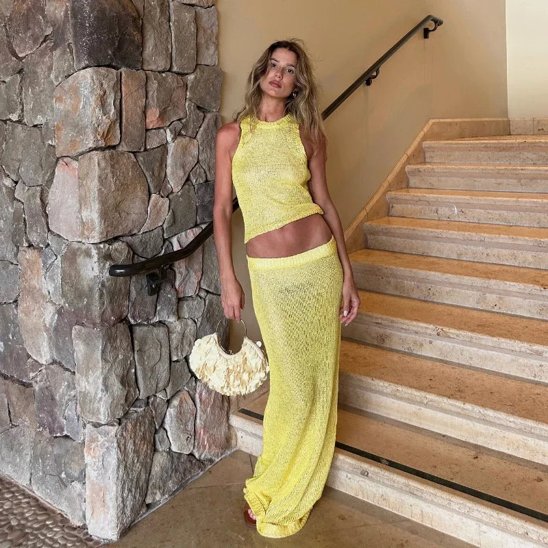 Sexy Transparent Sleeveless Shiny Camisole Tank Top Long Dress Two Piece Set 2025 Fashion Elastic Waist Wrap Hip Knitted Set K68