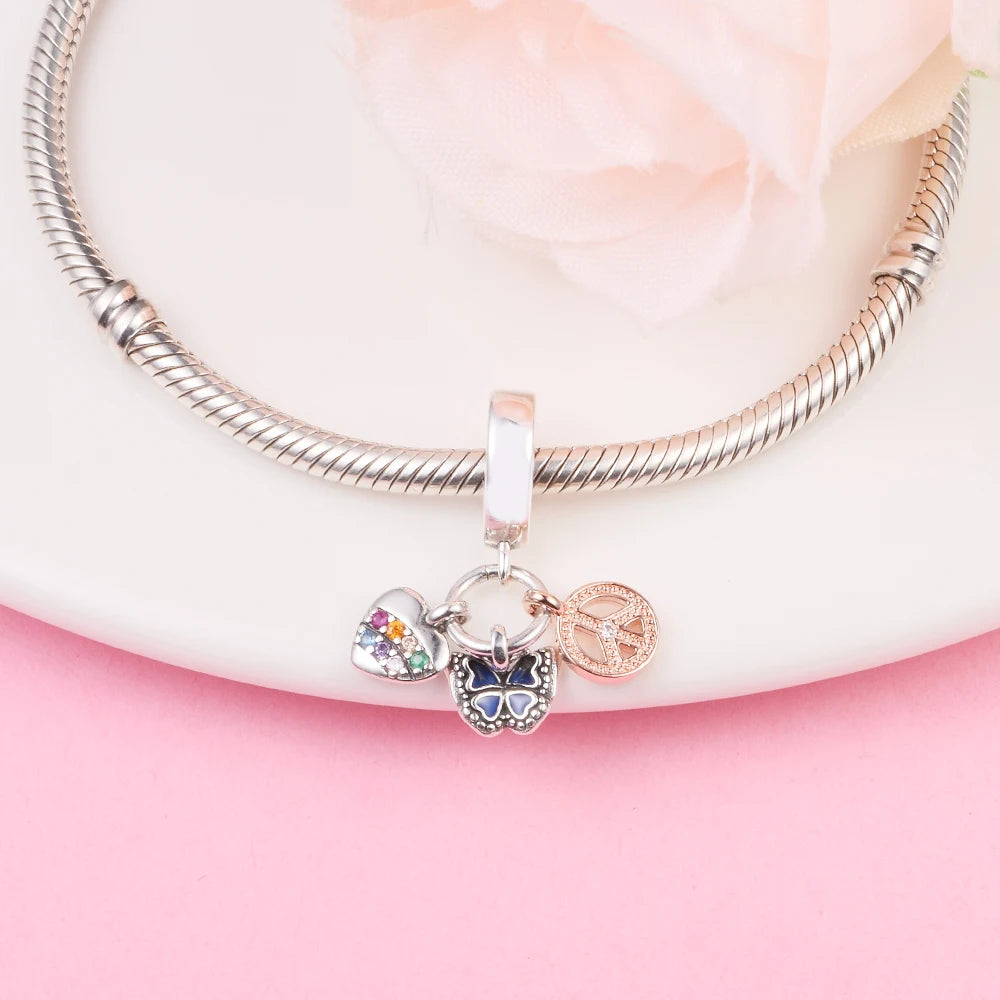 Rainbow Heart Butterfly & Peace Triple Beads for Jewelry Making Collier Sterling Silver Pendant S925 Bracelets Valentine's Day