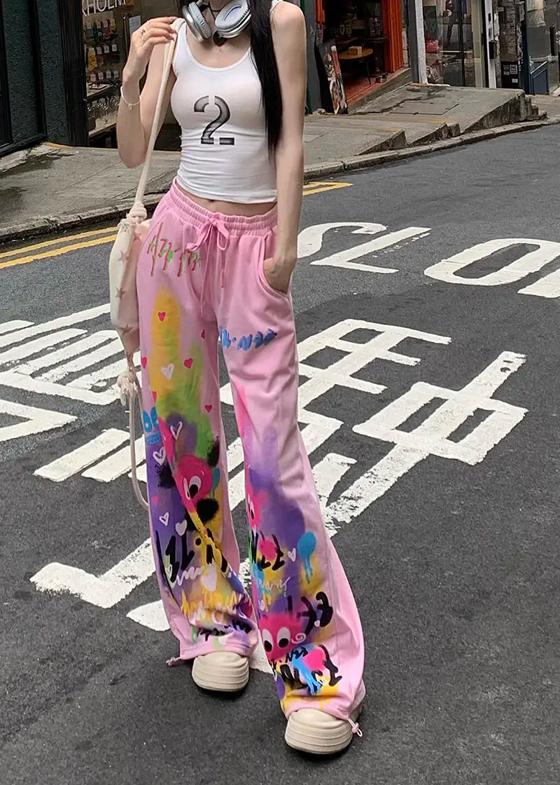 Kawaii Cute Dopamine Graffiti Casual Pants Women Tie Dye Summer Elastic High Waiste Drawstring Pockets Loose Wide Leg Trousers