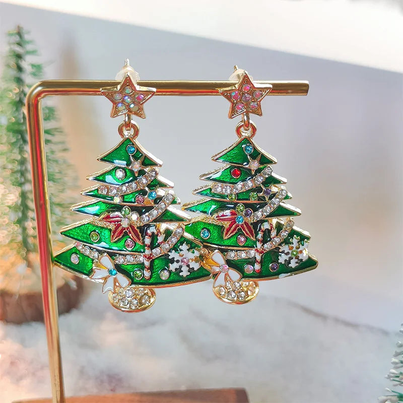Green Christmas Tree Zircon Crystal Star Earrings Stud For Women Dangle Xmas Party Jewelry Party Gift