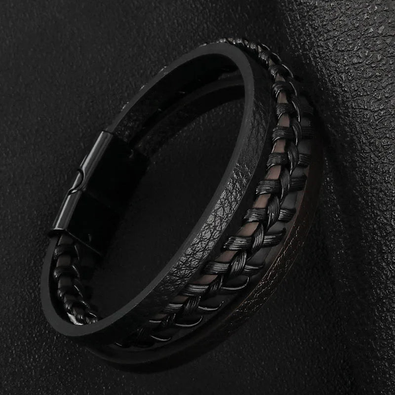 Vintage Genuine Leather Bracelet for Men Handmade Woven Bracelet Magnetic Clasp Wrap Bracelet Homme Hand Jewelry Accessories New