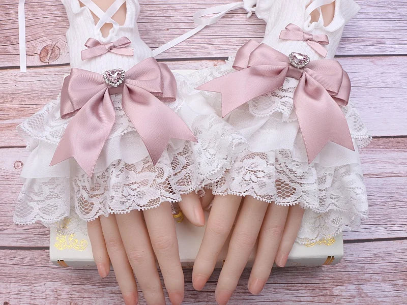 Handmade Sweet Women's Lolita Mine Lace Bow Rhinestone Oversleeves Girls Japanese Style Lace Sleeves Mittens