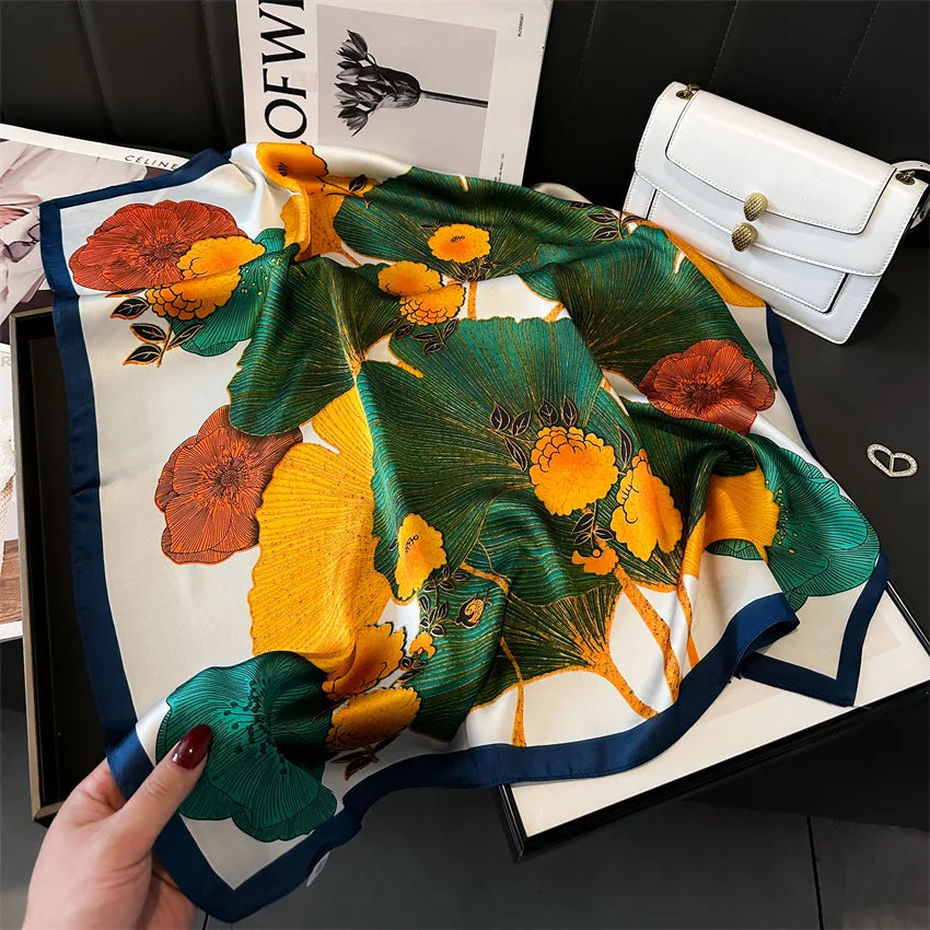 Imitated Silk Headcloth Fashion Flower Print Square Shawls Popular 70X70cm Bandanna Kerchief Sun Protection Silk Scarves Tie Bag