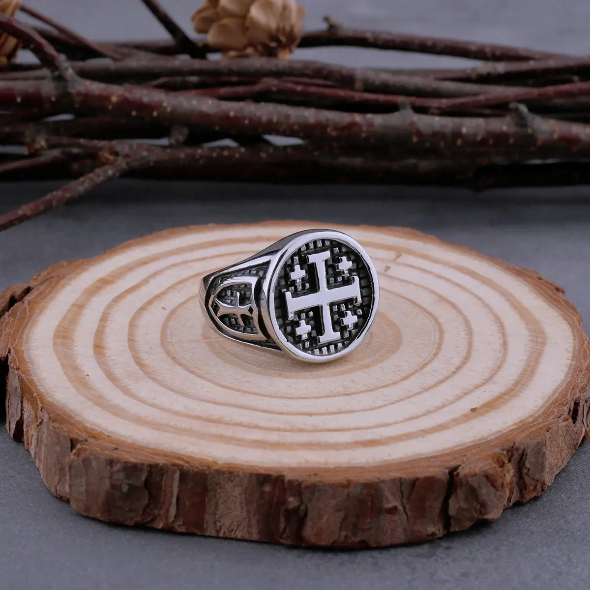 316L Stainless Steel Vintage Religious Jerusalem Cross Rings Men's Fashion Hip Hop Biker Rings Religious Jewelry Wooden Box