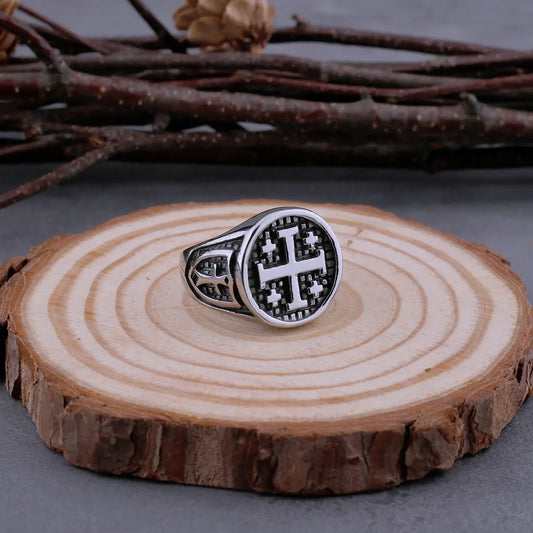 316L Stainless Steel Vintage Religious Jerusalem Cross Rings Men's Fashion Hip Hop Biker Rings Religious Jewelry Wooden Box