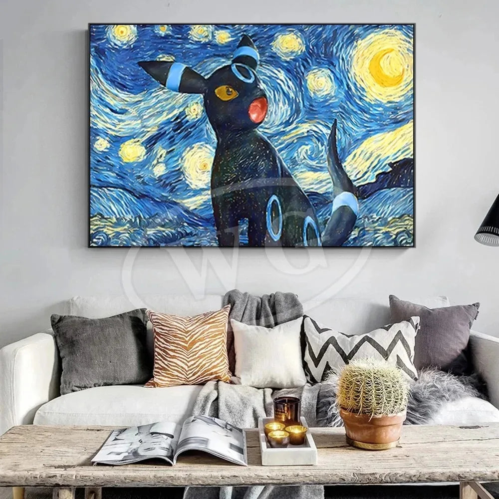 Van Gogh Museum Pocket Monster Anime Character Pikachu Canvas Painting Poster Living Room Bedroom Decoration Christmas Gift