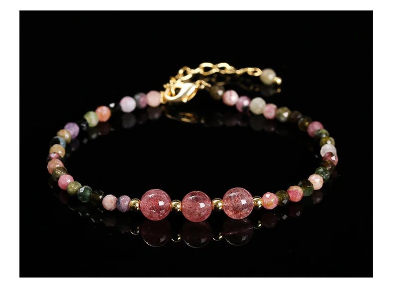 JD Natural Stone Faceted Rainbow Tourmaline Strawberry Quartz Bracelet Women Luxury Thin Adjustable Reiki Healing String Jewelry