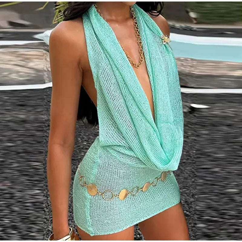 Sexy Sequin Halter Short Dress Women Backless Sleeveless Hip Package Party Dresses Female 2025 Summer Chic Night Club Robe Lady