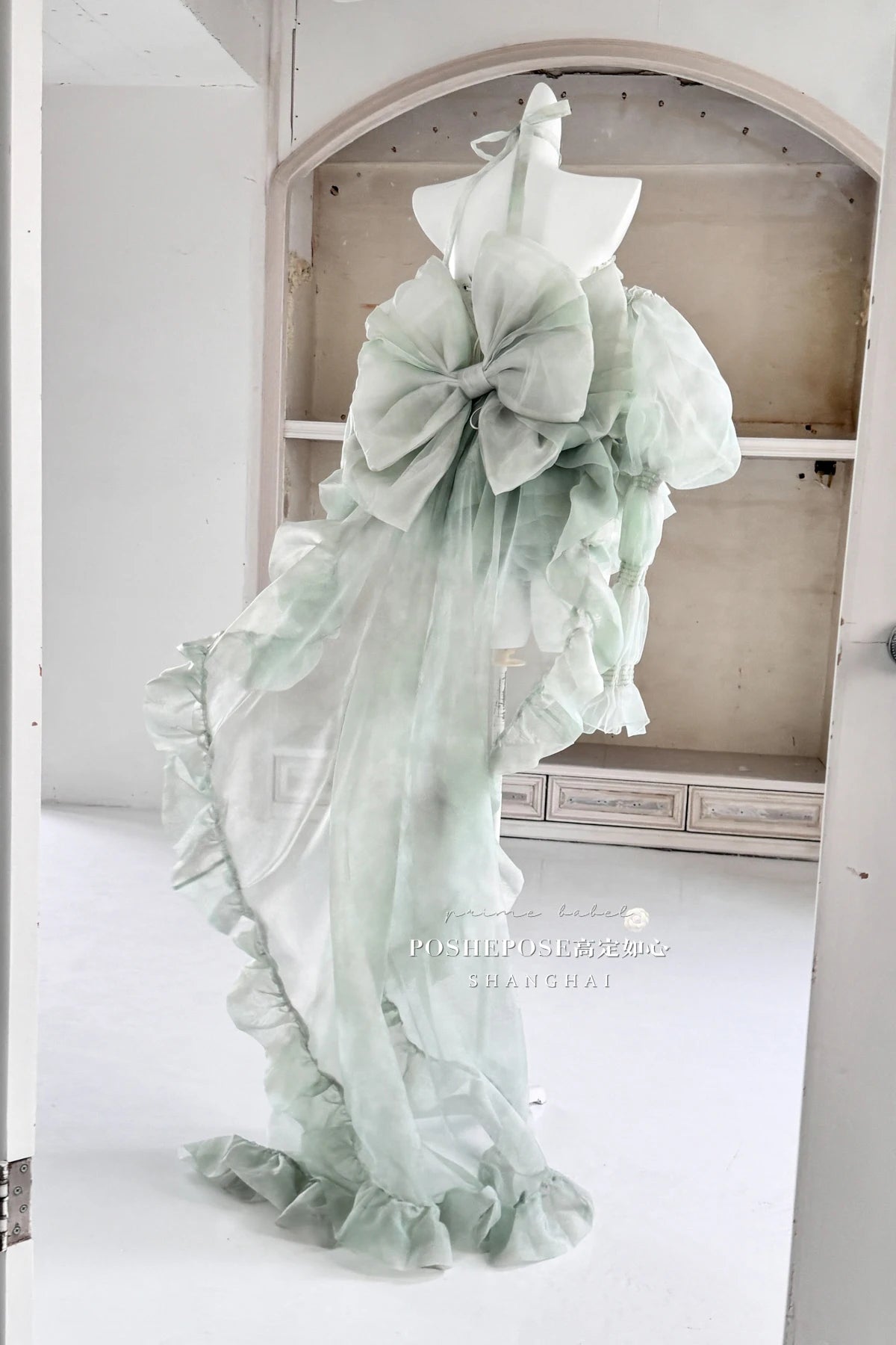High Street Women's Mint Green Strapless Bowknot Sweet Fairy Organza Dress 2024 New Elegant Big Bow Trailing Party Wedding Dress