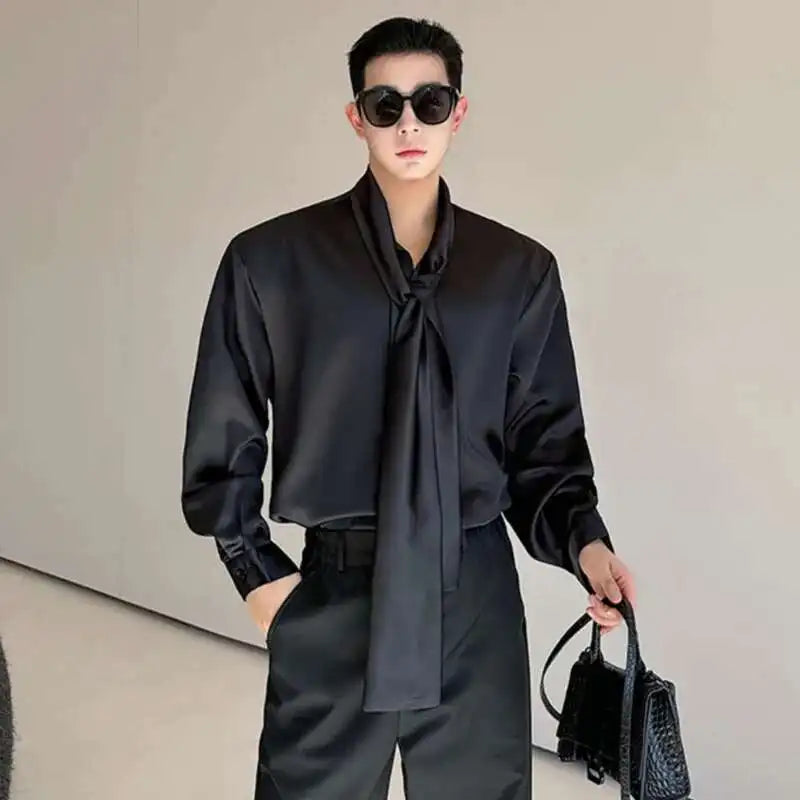 IEFB Korean Fashion Men's Shirt Bow Tie Design Loose Simple Fresh Long Sleeve Casual 2024 Spring Solid Color Male Tops 9C5081