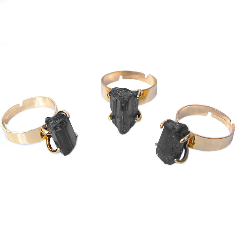 Raw Black Tourmaline Ring Resizable Golden Irregular Genuine Rough Stone Handmade Finger Jewelry for Women