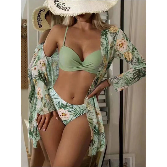 Floral Low Waist Bikini Set Cover Up Swimsuit For Women Push Up Long Sleeve Three Pieces Swimwear Beach Bathing Suits