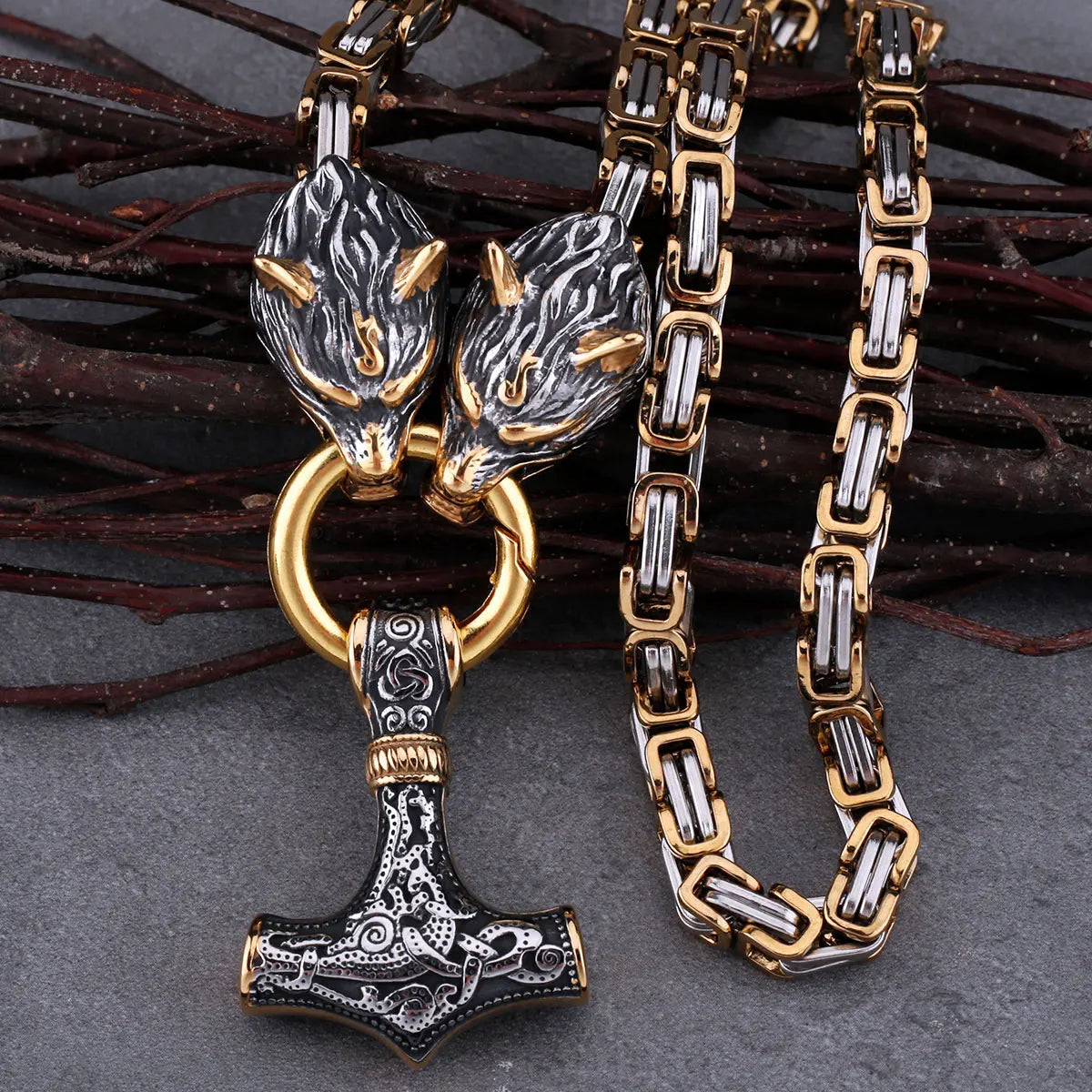 High Quality Viking Wolf Head Thor's Hammer Set Necklace Pendant Stainless Steel Biker Party Personality Men's Jewelry Gift