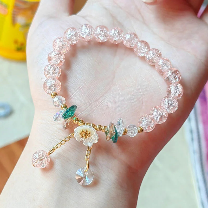 Cute Green Crystal Bead Bracelet for Women Trendy Lily Valley Flower Charm Elastic Adjustable Bracelet Wedding Birthday Jewelry