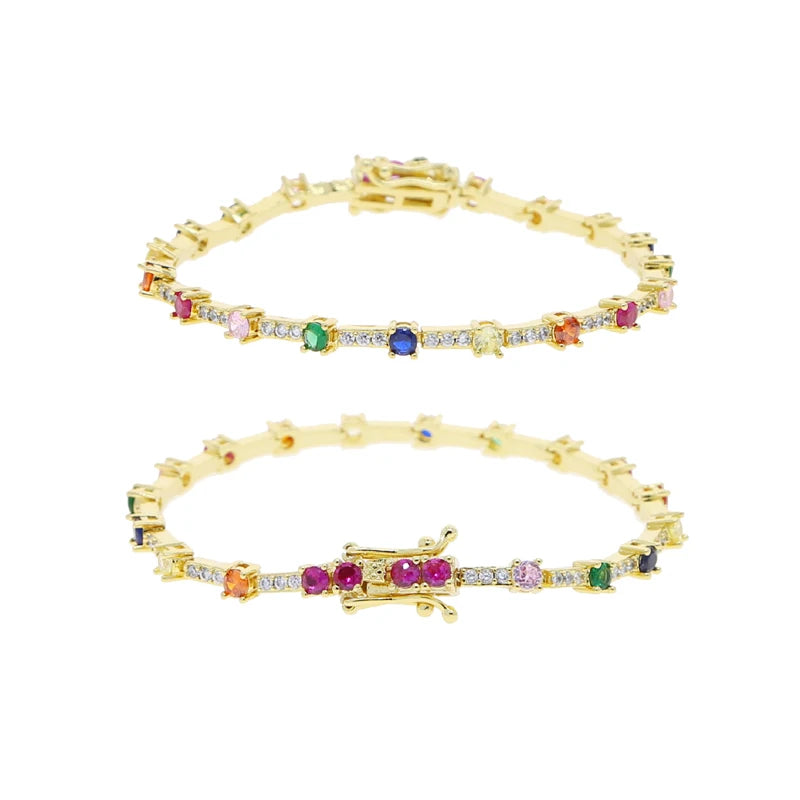 Gold Color Colorful Fashion Women Jewelry Rainbow Blue Red Green CZ Bar Geometric Charm Link Chain Bracelet