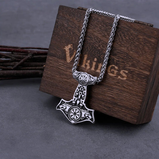 Stainless Steel Viking Thor's Hammer Mjolnir Wolf Head and Road Sign Compass Necklace Men's Norway Amulet Pendant Viking Jewelry
