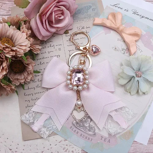 Japanese Sweet Cute Handmade Rhinestone Bow Hairpin Pearl Lace Hairclips Lolita Women Girls Side Clip Bag Pendant Handbag Charms