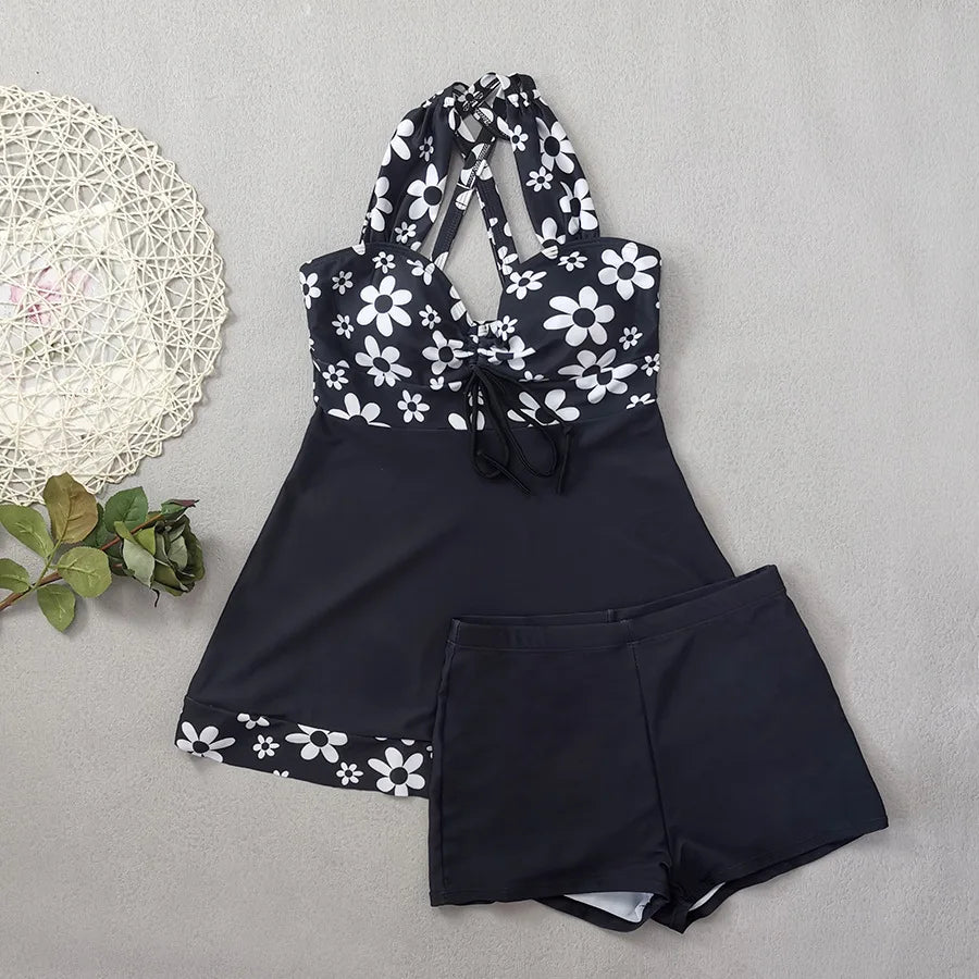 Black Flower Print Tankini Swimwear Woman Bikinis Sets 2025 Sexy Halter Swimsuit Bottoms Beach Wear Bathing Suit Bikini Donna