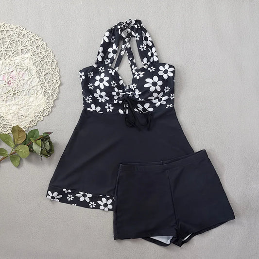 Black Flower Print Tankini Swimwear Woman Bikinis Sets 2025 Sexy Halter Swimsuit Bottoms Beach Wear Bathing Suit Bikini Donna
