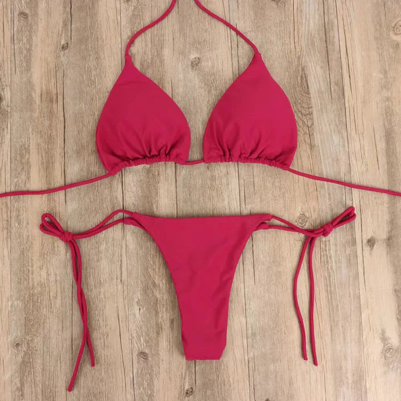 Solid Color Tie-Side G-String Bikini Set Breathtaking Bathing Suit with Feminine Bandage Design Sexy Brazilian Bikini Beachwear