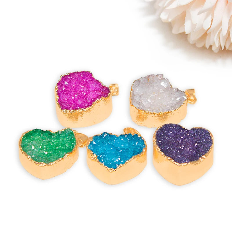 Heart Shaped Druzy Quartz Stone Necklace for Women Raw Crystal Cluster Reiki Healing Pendant Jewelry