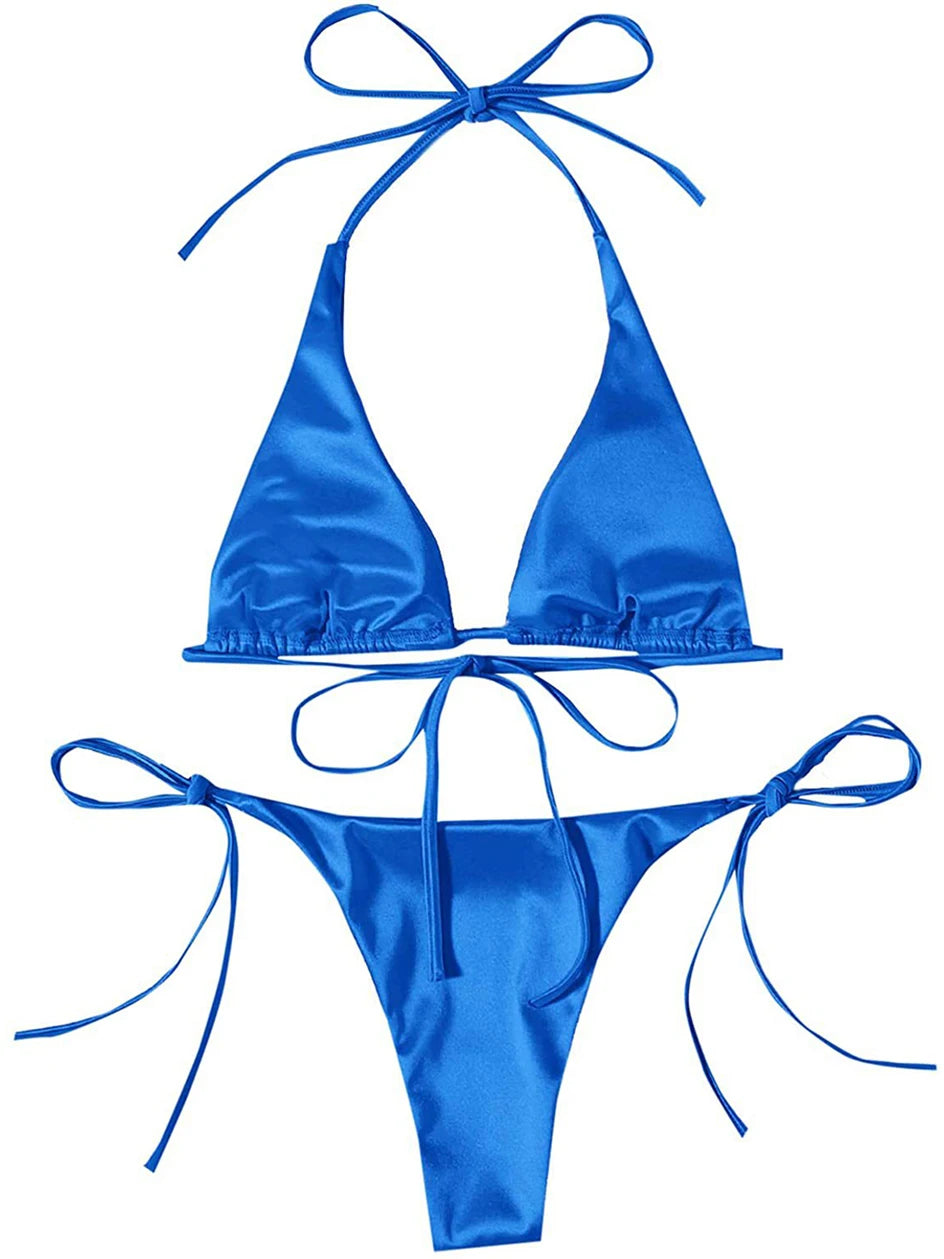 Metallic Halter Triangle Bikini 2023 Swimsuit Women Swimwear Female Bathing Suits Brazilian Thong Micro Bikinis Set Beach Wear