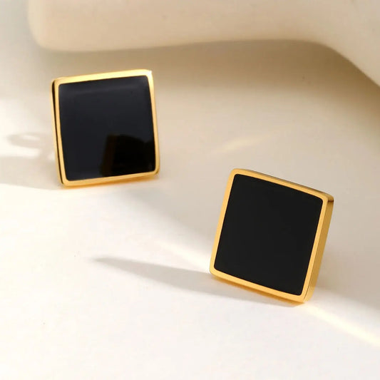 Stainless Steel Square Stud Earrings for Women,Water Proof Black Oil Earrings Gold Color,Fashion Jewelry Lady Gift
