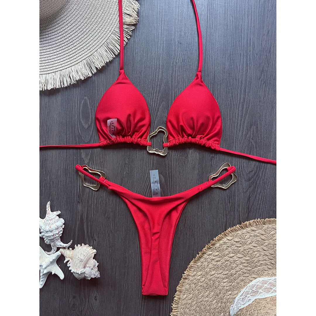 Shiny Metal Ring Halter Mini Thong Bikini Women Swimwear Female Swimsuit Two-pieces Bikini set Bather Bathing Suit Swim V6438