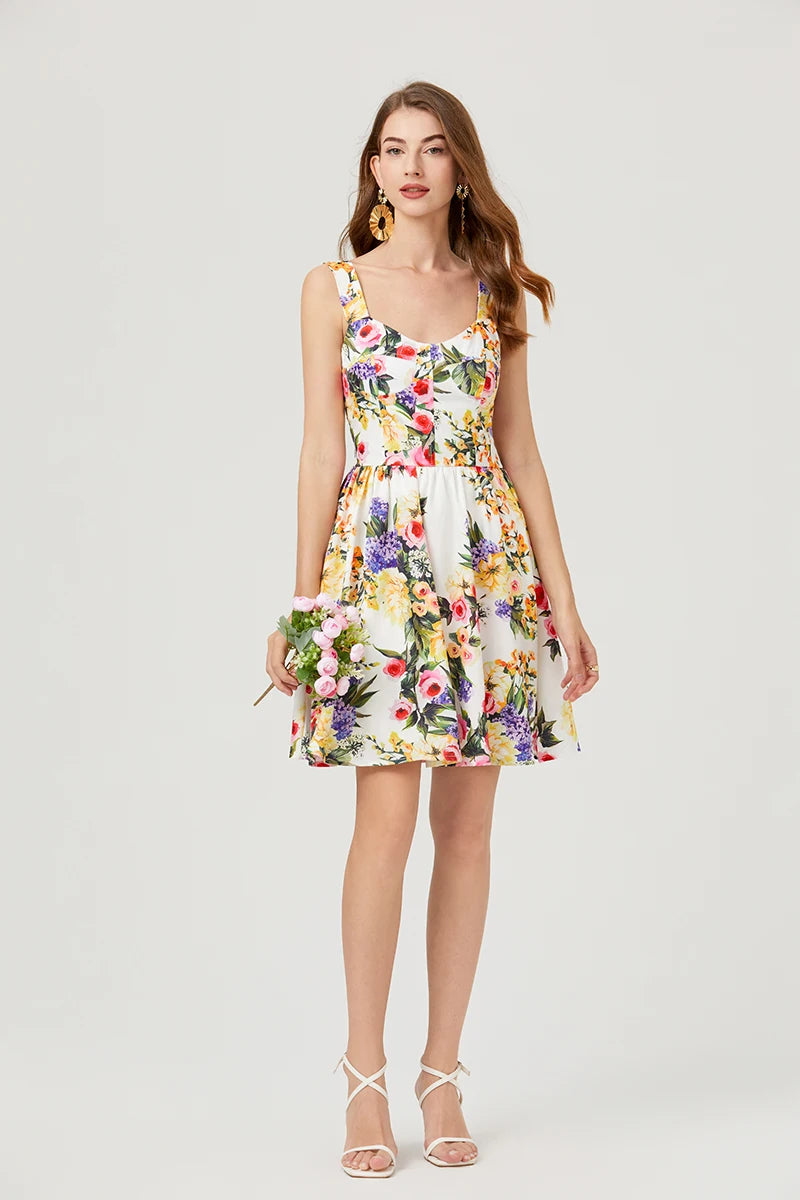 2024 Summer Fashion Short Boho Dress Women Mini Floral Print Dress Female Sleeveless Hanging Belt Printed Waist Folded Dress