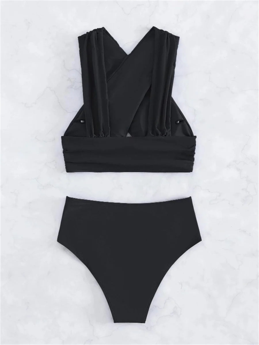 Sexy Black Blue Bikinis Sets Women Halter Cross Hollow Out Push Up High Waist Swimsuit 2025 Bathing Suit Two Piece Swimwear