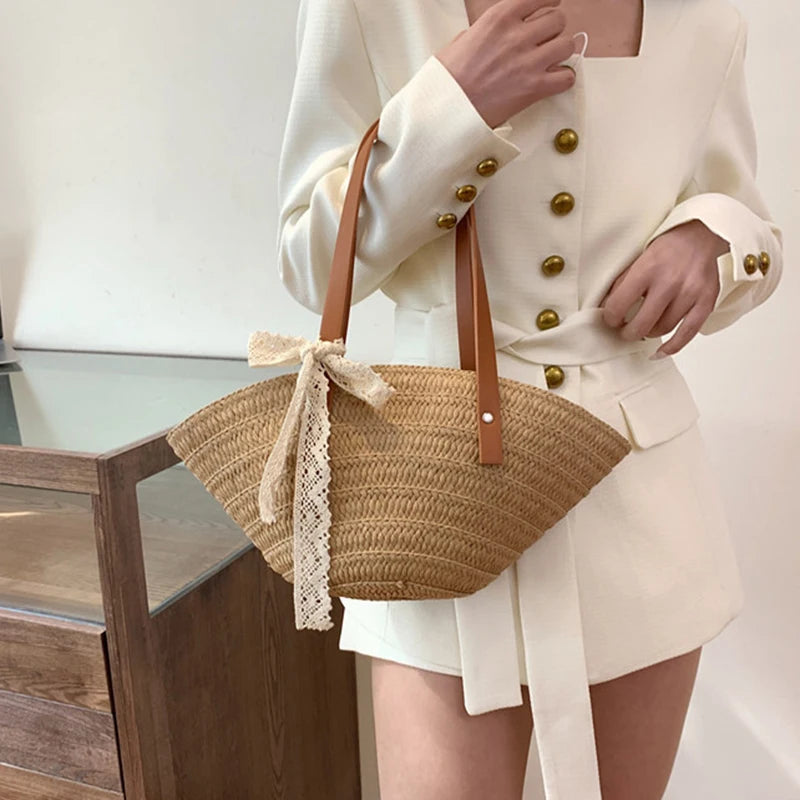 Women Braided Basket Clutches Bag Large Straw Portable Shoulder Bag Summer Beach Purses Shopper Satchel