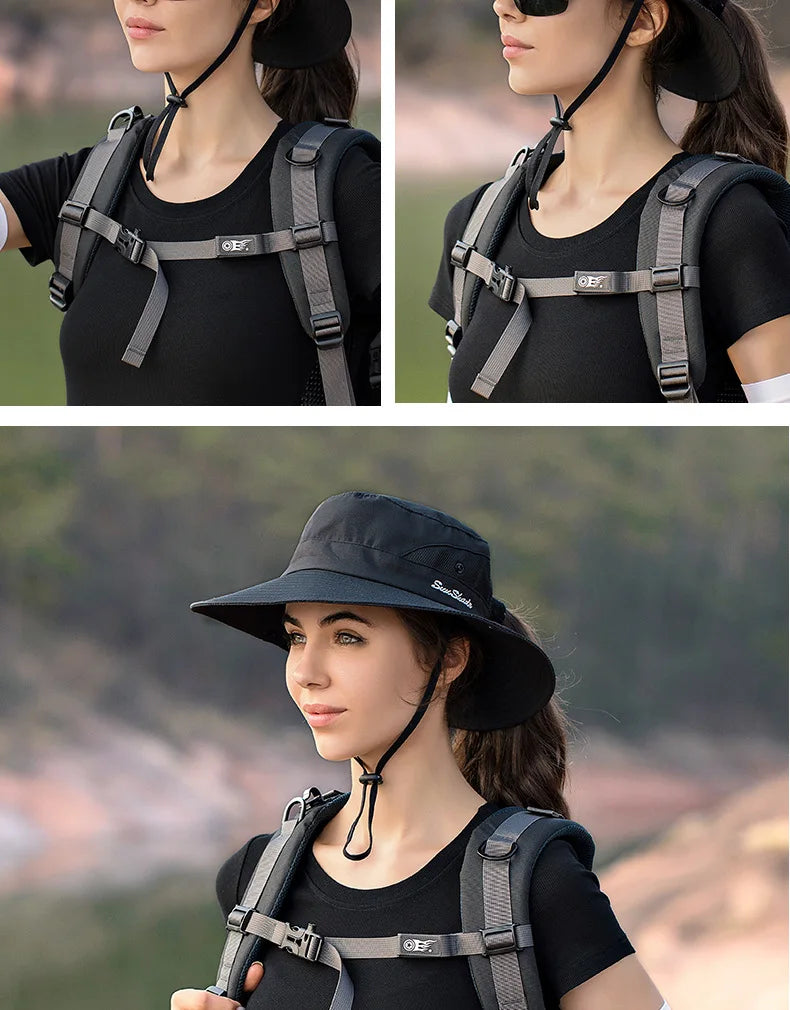 Women Summer Adjustable Bucket Hat with a Ponytail Hole Girls Sun Protection Hiking Cap Parent-child Outdoor Wide Brim Headgear