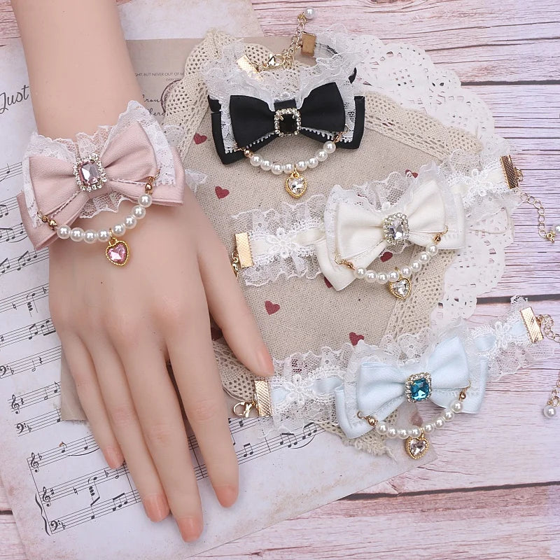 Ornate Mine Series  Handmade Ribbon Bow Bracelet Women Pearl Lace Chain Bow with Heart Pendant Lolita Accessories Bracelet