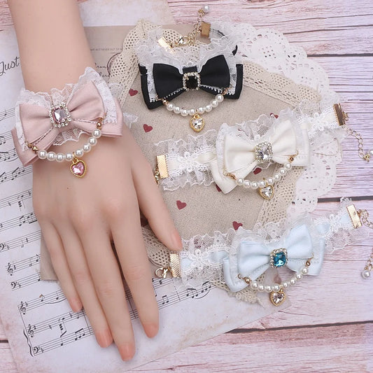Ornate Mine Series  Handmade Ribbon Bow Bracelet Women Pearl Lace Chain Bow with Heart Pendant Lolita Accessories Bracelet