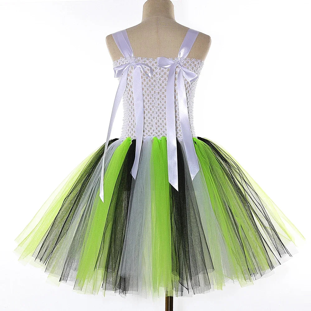 Kids Beetle Juice Costume Girls Black White Striped Tulle Tutu Dress Girls Halloween Carnival Party Princess Dress Up Clothes