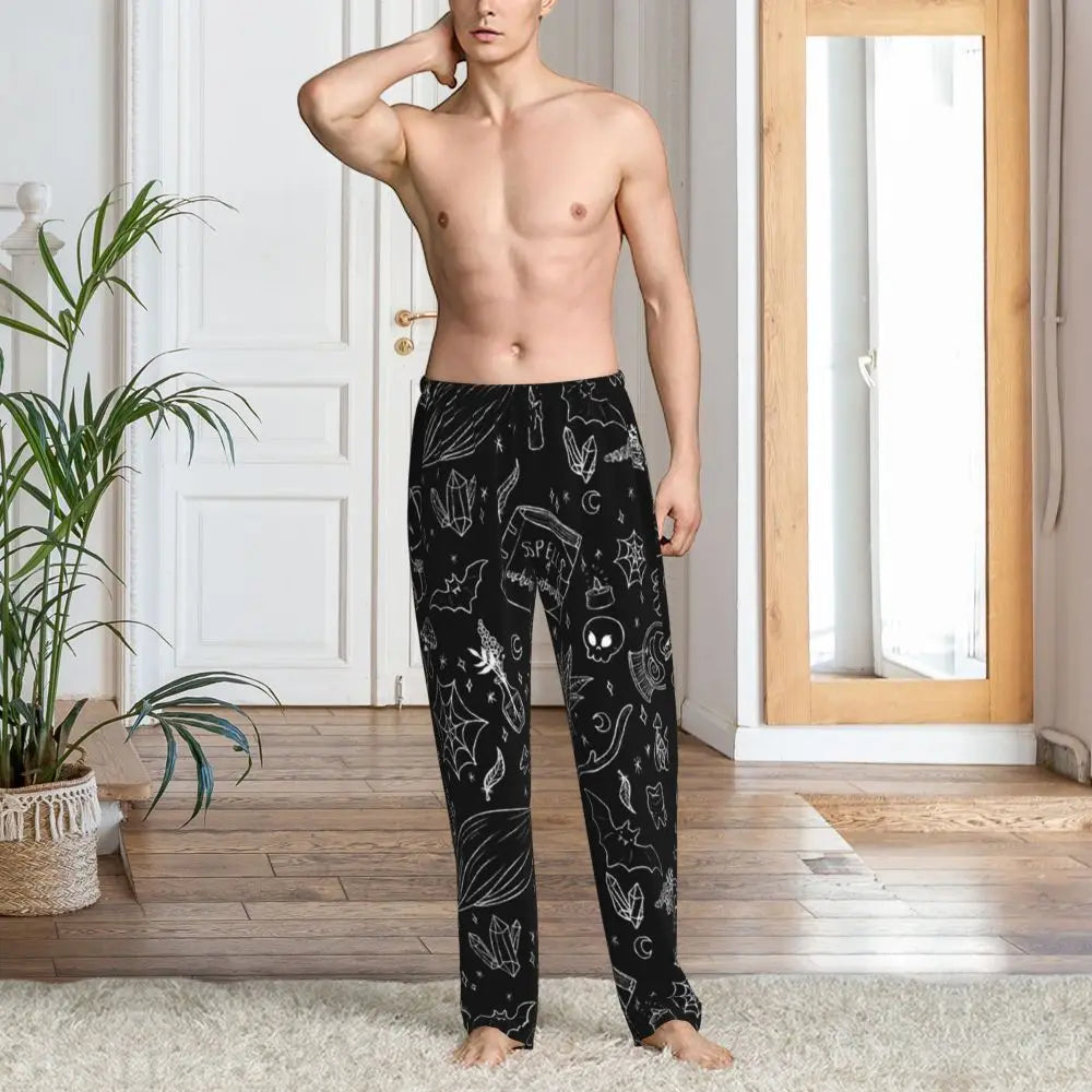 Custom Cute Spooky Halloween Bats Black And Purple Pajama Pants for Men Lounge Sleep Drawstring Sleepwear Bottoms with Pockets