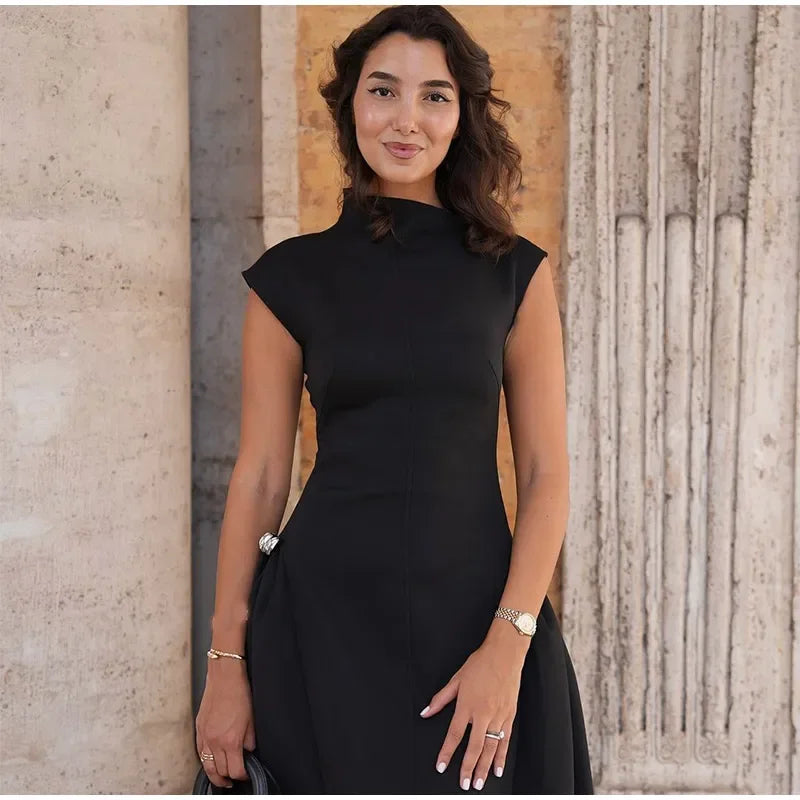 Vintage Brown Long Dress Women's Elegant Loose Diagonal Neck Black Metal Buckle Maxi Dresses Female 2025 Summer Evening Party