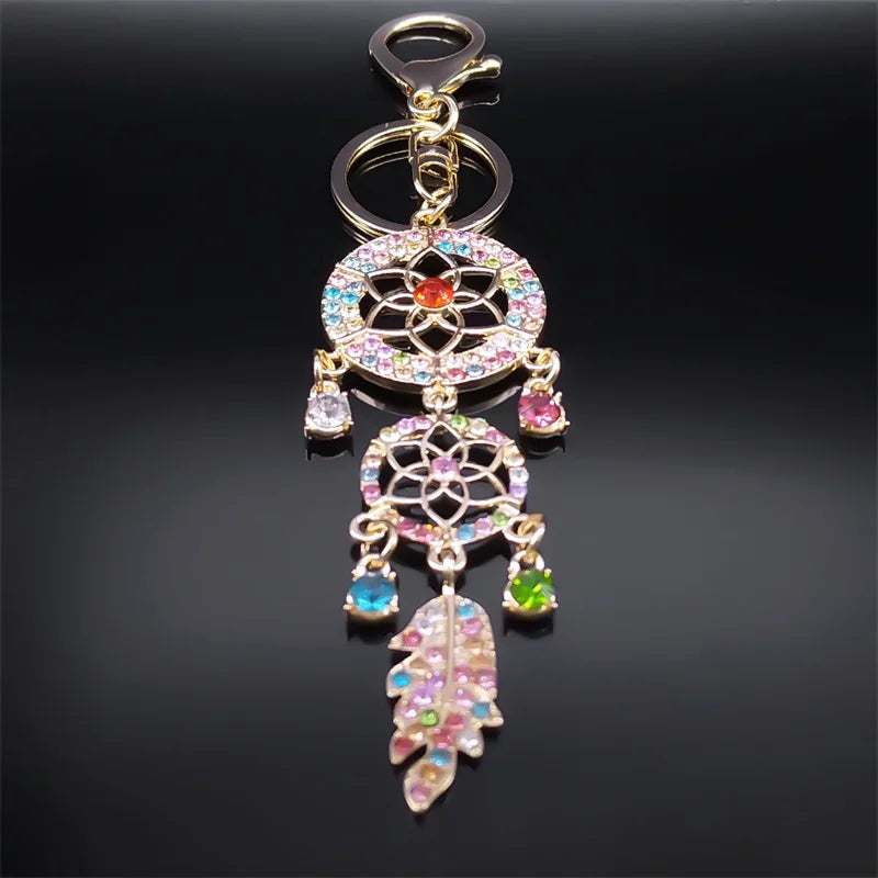 Aesthetic Dream Catcher Key Chain for Women Men Rhinestone Metal Gold Color Y2K Girl Dreamcatcher Keyring Jewelry K9017S02