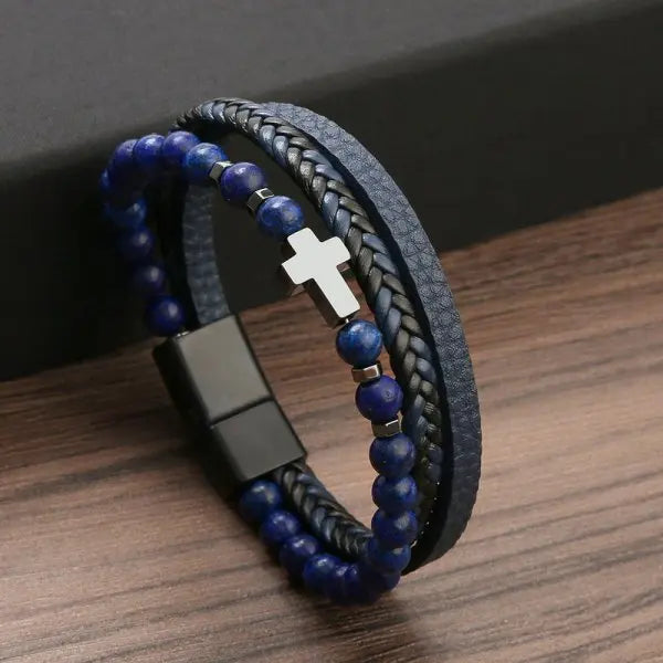 Prayer Men Natural Stone Beads Rosary Cross Bracelets Multilayer Leather Bracelet Women Yoga Meditation Jewelry Homme Pulsera