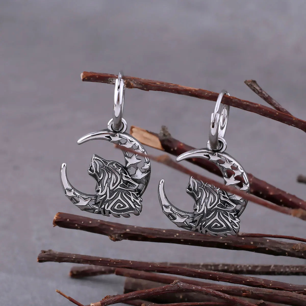 Punk Vikings Wolf Moon Star Drop Earrings For Men Nordic Odin Fashion Amulet Earrings Stainless Steel Vintage Party Gift Jewelry
