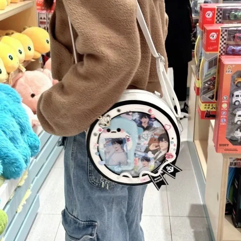 Y2K Cute Nautical Theme Ita Bag Kawaii Girl Transparent Shoulder Bag DIY Display Backpack Students Round Messenger Crossbody Bag