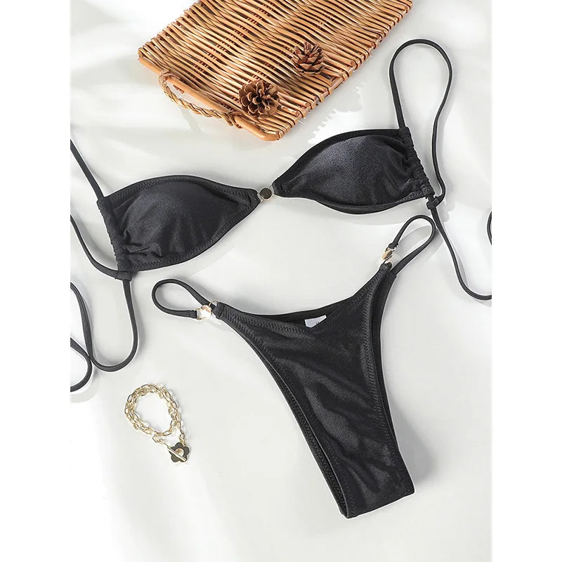 Miyouj Solid Color Bikinis Bandage Swimwear Women's Bathwear Sexy Bikini Set High Cut Bathsuit Thong Biquini Sexy Two Piece Suit