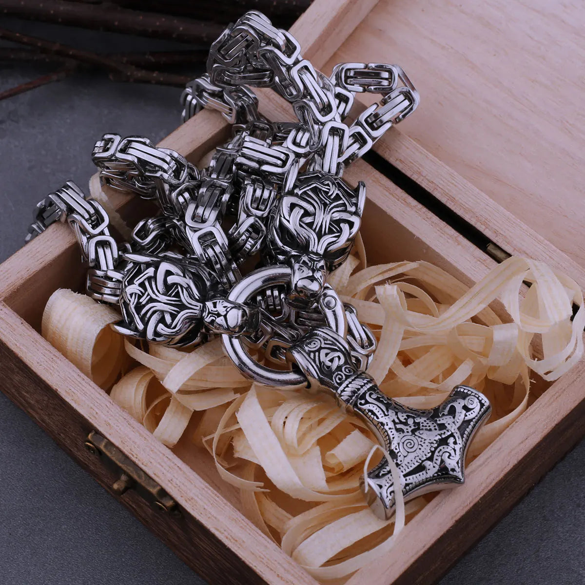 Viking Stainless Steel Wolf Head Thor's Hammer Set Necklace Punk Men's Nordic Fashion Jewelry Gift Necklace