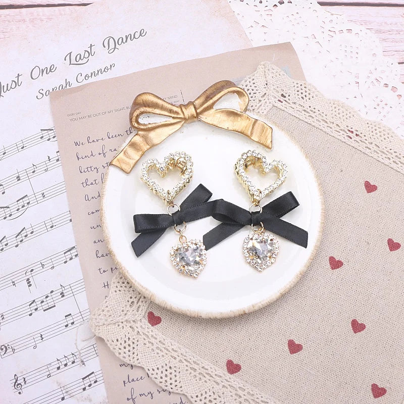 Jfashion Girl Lolita Hair Accessories Bow Loria Headdress Lace Bow Rhinestone Hair Clips Jirai Kei Vintage Doll-like Handmade