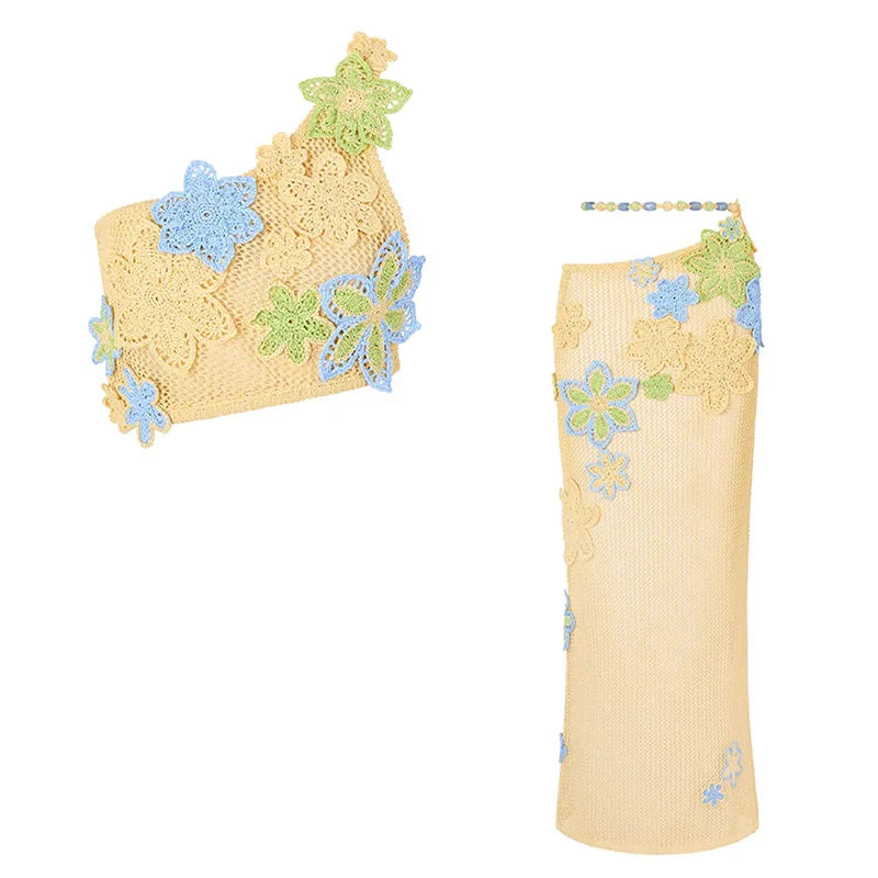 Sexy Beach Women's Set Beading Flower Crochet Crop Top Slim Maxi Skirt Female Suit 2025 Summer Hollow Out Knit Lady Dress Sets