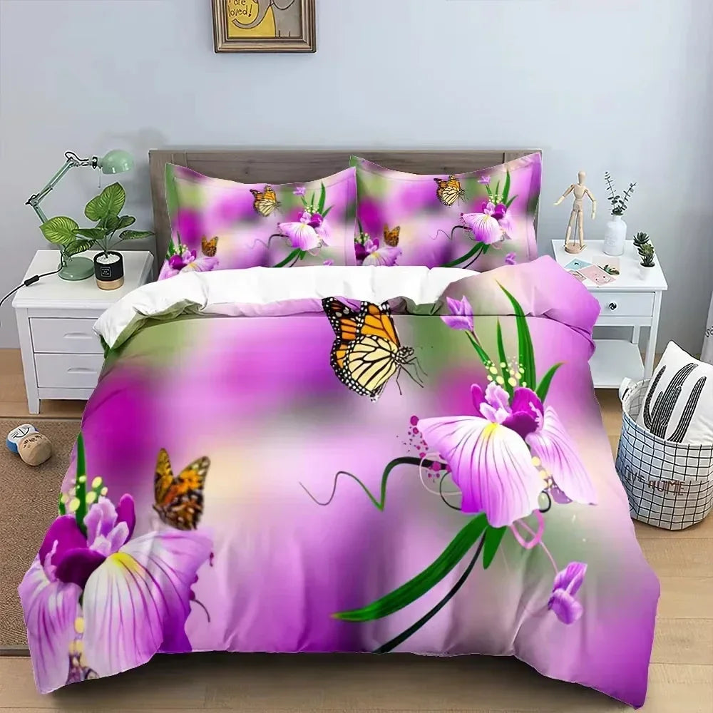 3D Butterfly Flowers Duvet Cover Luxury Home Bedding Set 3 Piece Set with 2 Pillowcases Zipper Family Colleague Christmas Gift