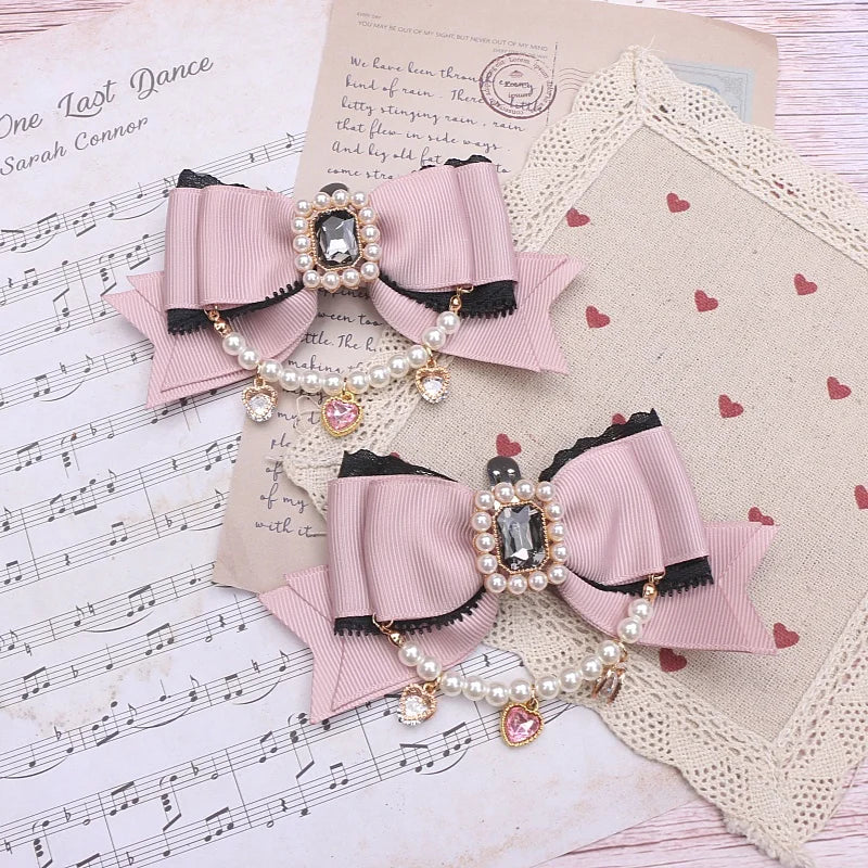 Jirai Kei Style Mine Lace Splicing Bow Shoes Accessories Lolita Beaded Heart Rhinestone Bow Shoe Clip Mary Janes Buckle
