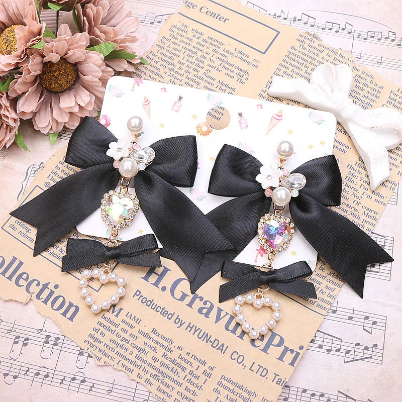 Soft Pink Lolita Earrings Handmade Bow Chic Sweet Girl's Earrings Clips for without Ear Holes/Needles Earring for Woman