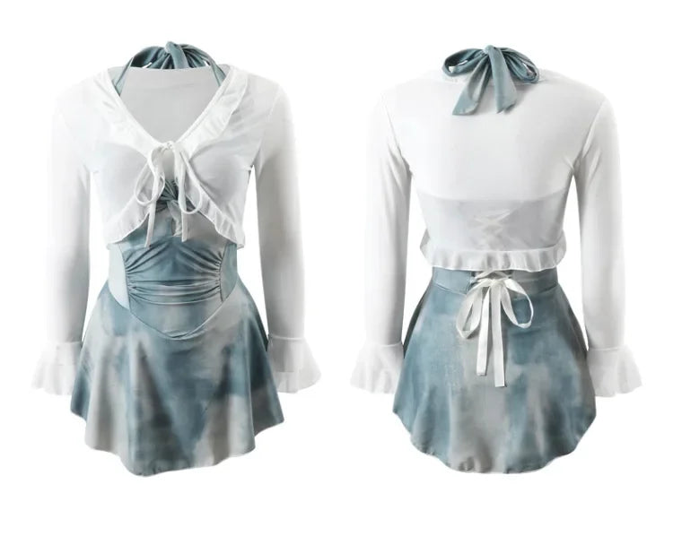 New Tenderness Sweet Cute Blue Halter Bikinis Swimsuit Aesthetics Fashions Slim Onsen Conservative Swimwear Bikinis Set