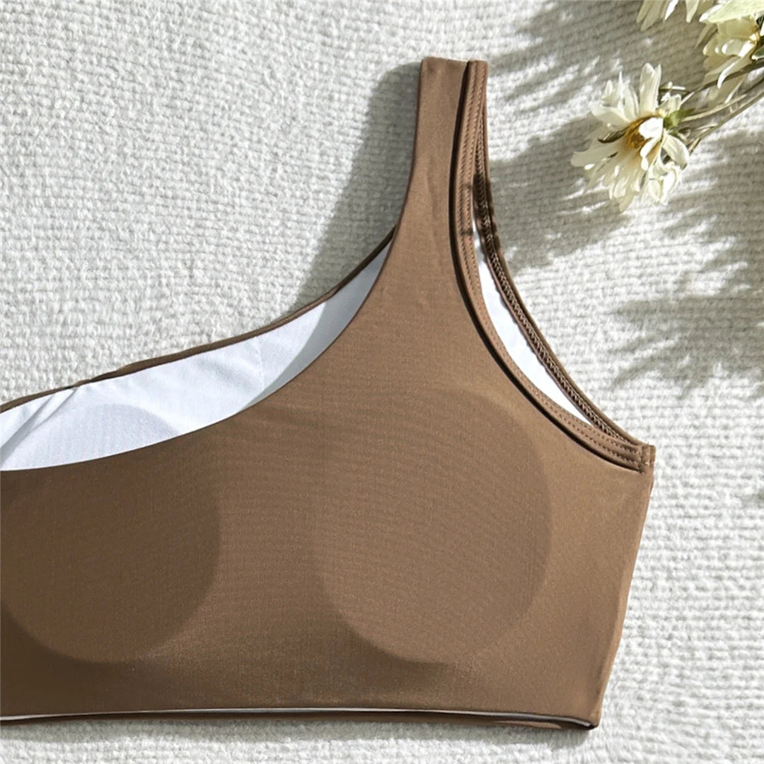 New Wrinkled One Shoulder High Waist Bikini Female Swimsuit Women Swimwear Two-pieces Bikini set Bather Bathing Suit Swim V5857